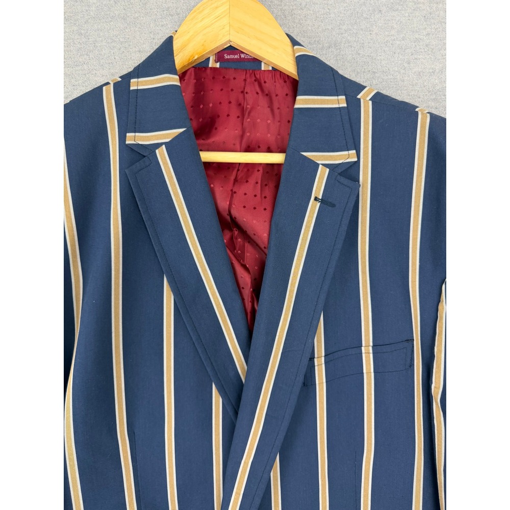 Samuel Windsor Mens Navy Tan Striped Blazer Jacket 46 Reg Cotton Blend